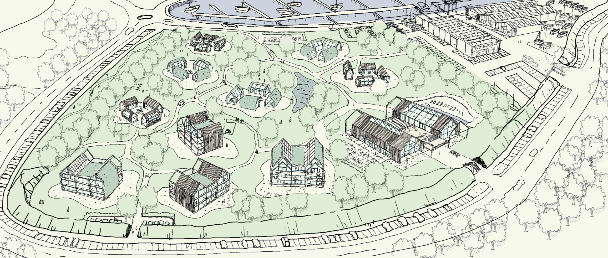 Een overzicht van een architectonisch plan van een terrein met verschillende moderne gebouwen, groenvoorzieningen, bomen, paden en waterpartijen.