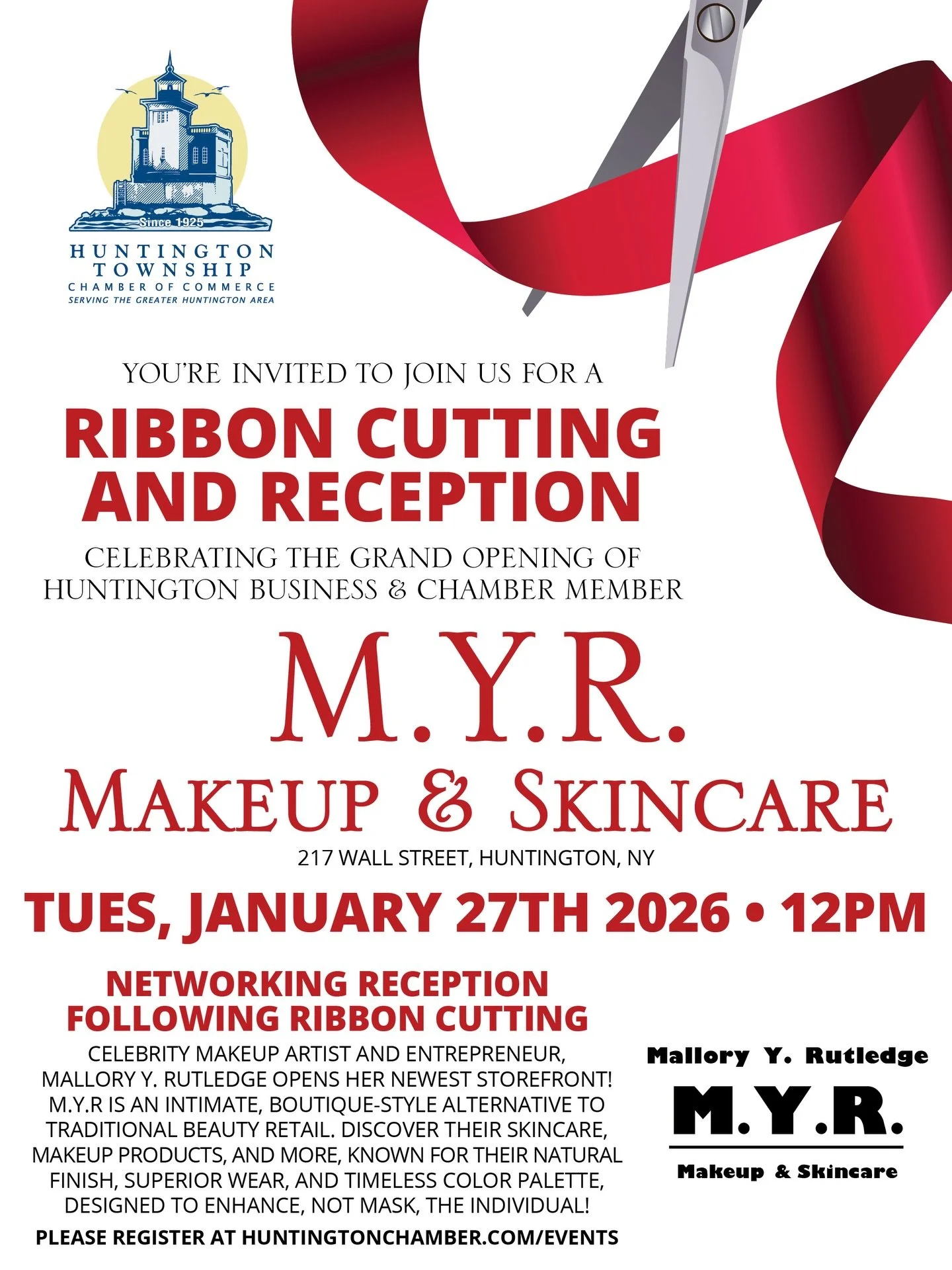 It's official!

Join us Tuesday, January 27th at 12 PM, as M.Y.R. Makeup &amp; Skincare celebrates their grand opening with the Huntington Township Chamber of Commerce. @huntingtonchamberny 

We&rsquo;re so excited to welcome the community into our n