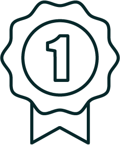 Number one medal or award ribbon with a circular center and a ribbon at the bottom.