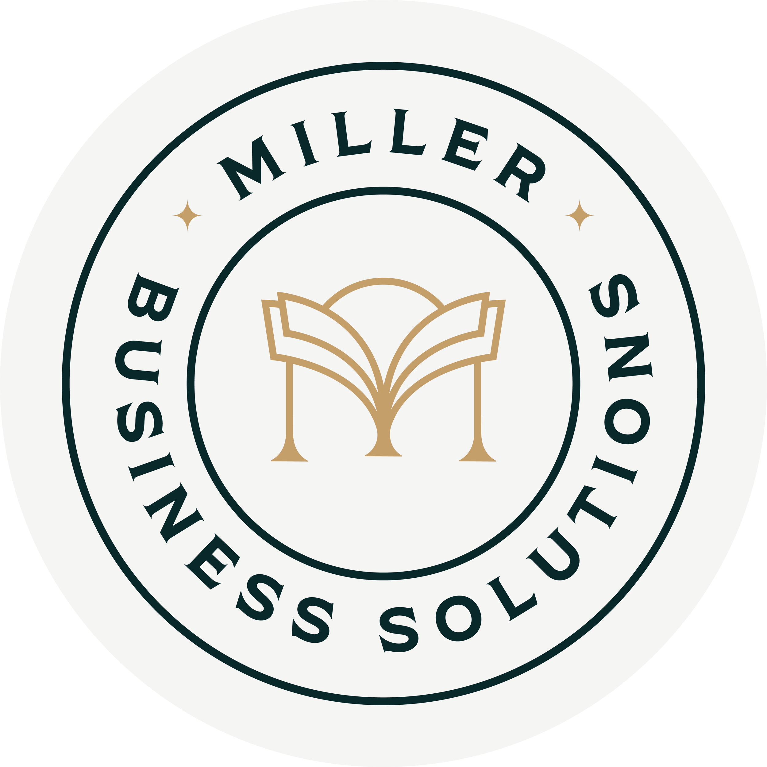Seal with the words 'Miller Business Solutions' and a stylized open book icon in the center.