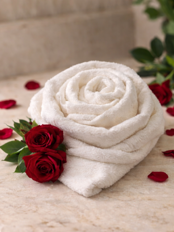 A rolled white towel shaped like a rose, decorated with two red roses and green leaves, with scattered rose petals on a light-colored surface.