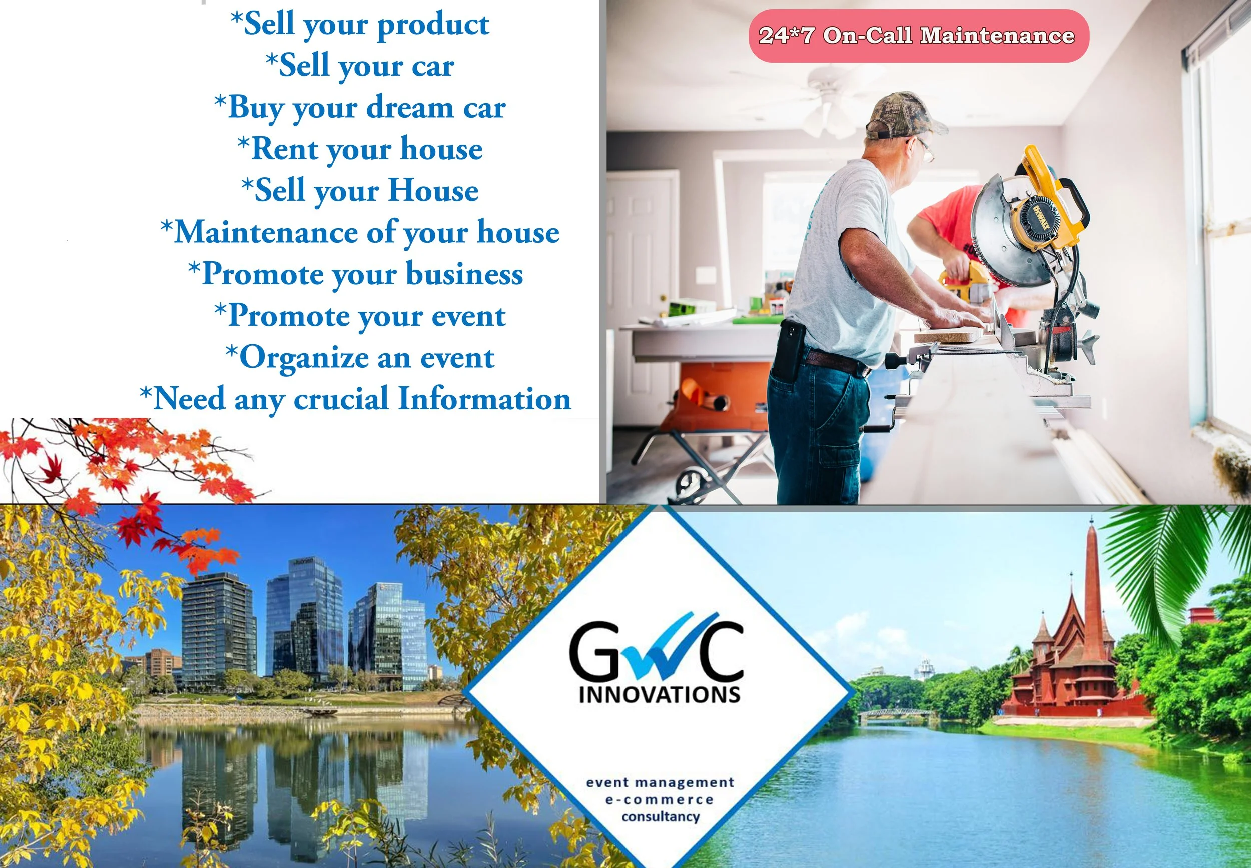 A promotional image for GWC Innovations, showcasing a list of services including selling and buying cars, house maintenance, event promotion and organization, and crucial information. The top right features a person working with a saw in a bright room. The bottom left displays a cityscape with modern buildings and fall foliage in a park scene, and the bottom right shows a serene river with greenery and a traditional temple, alongside the company's logo and description of services.