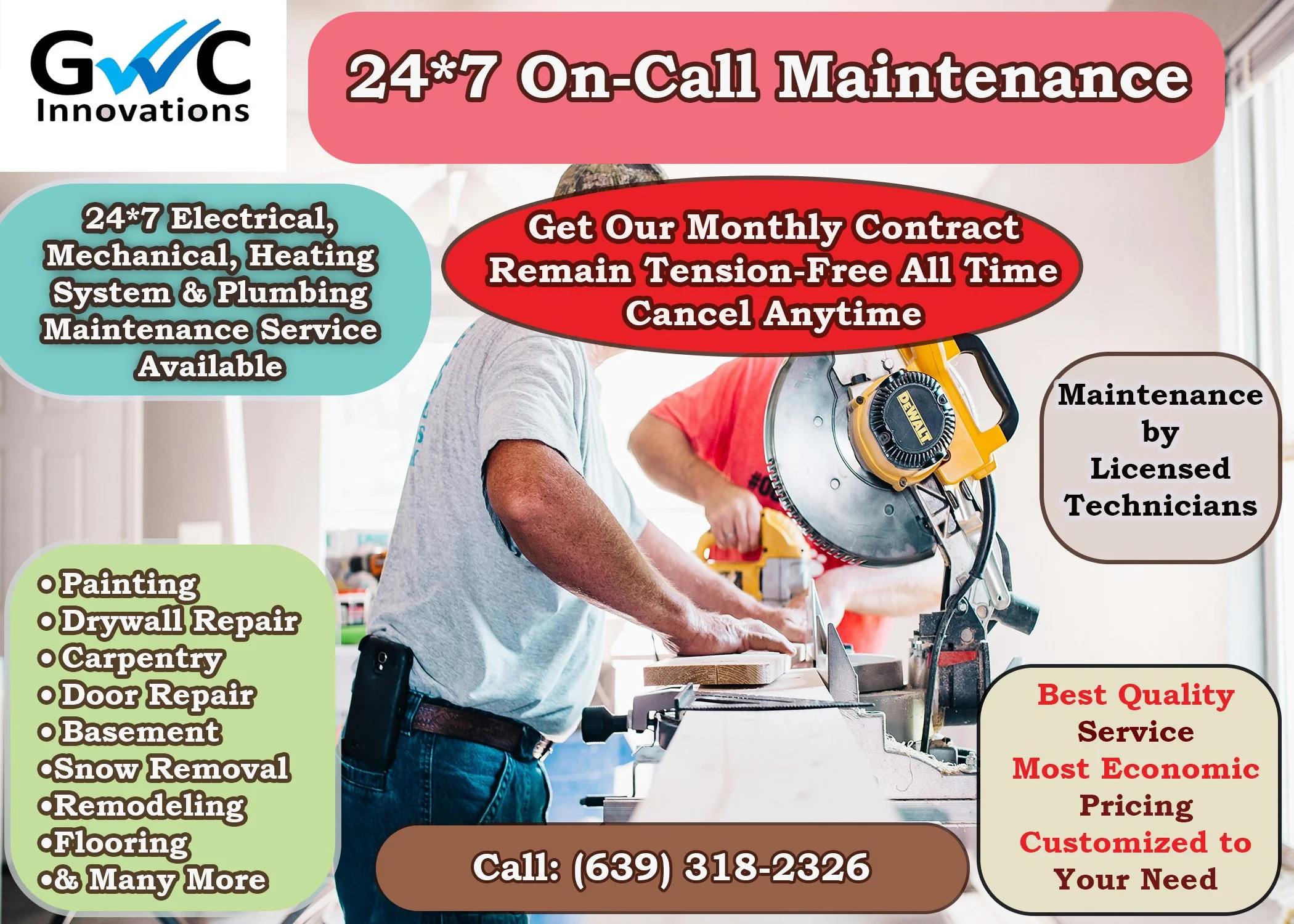 A promotional flyer for GWC Innovations highlighting 24/7 on-call maintenance services. The flyer contains text about electrical, mechanical, and plumbing services, maintenance by licensed technicians, and various repair services like painting, drywall, carpentry, door, basement, snow removal, remodeling, and flooring. It features a contact number (639) 318-2326 and emphasizes quality, economic pricing, and customization. The background shows a person operating a large yellow and black power saw in a workshop or construction setting.