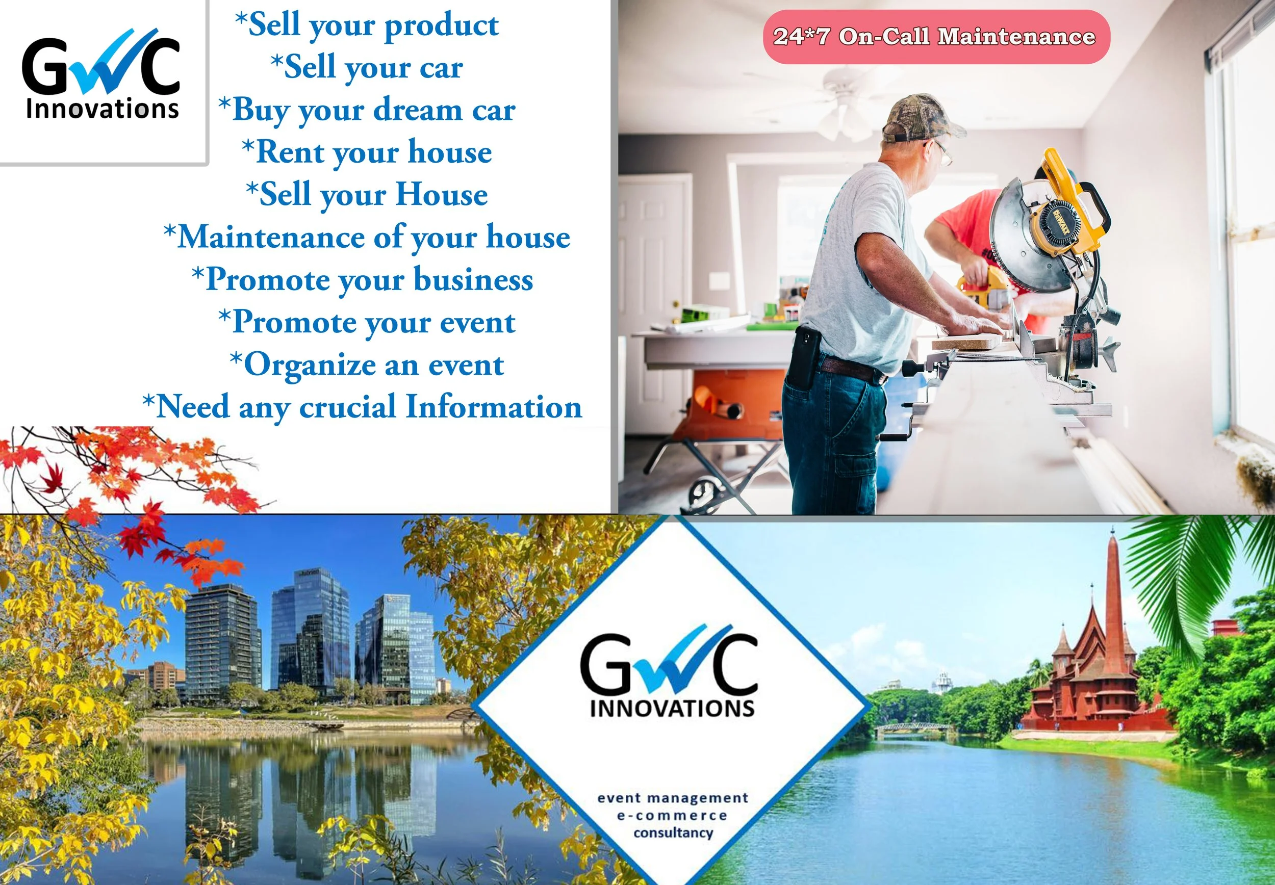 A promotional collage for GWC Innovations, featuring their logo and a list of services such as selling, buying, and maintaining homes and cars, promoting business and events, with images of a man working with a saw in a bright room, a cityscape with tall buildings and autumn trees, and a temple by a river with lush greenery.
