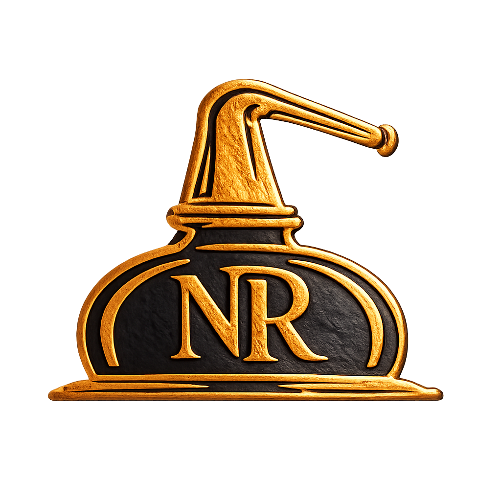 A metallic copper pot still logo with a black circular base and gold accents, featuring the initials 'NR' on the front.