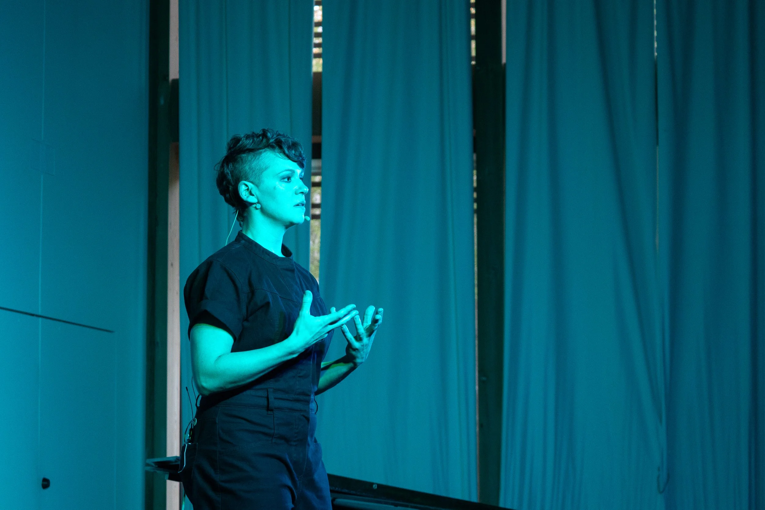 A woman with short, styled hair wearing a black shirt and black pants is speaking on stage, gesturing with her hands, with curtains and stage lighting behind her.