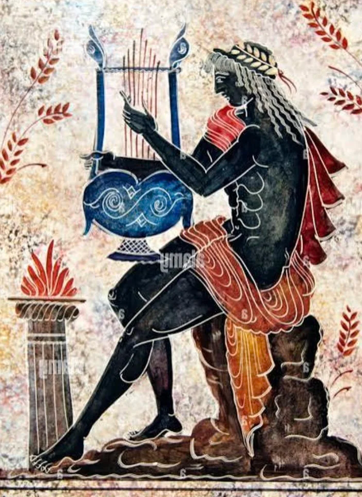Ancient Greek-style painting of a seated male figure playing a musical instrument, surrounded by decorative elements and a column with a floral design.