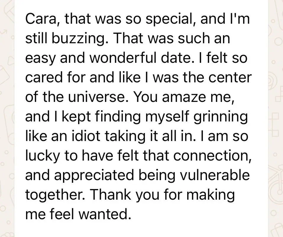 A mobile phone screen displaying a heartfelt message referencing a date and expressing feelings of gratitude and connection.