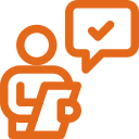 Icon of a person reading a book with a speech bubble containing a check mark.