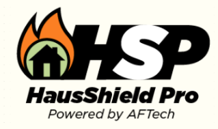 HSP HausShield Pro logo with a house inside a flame, powered by AFtech.