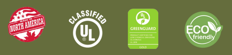 Row of eco-friendly certification logos including UL, Greenguard Gold, and Eco Friendly, on a green background.