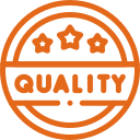 A circular orange badge with three crowns at the top and the words 'Quality 1' in the center.