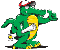 Cartoon alligator wearing sunglasses and a red cap, holding a paper and a pen.