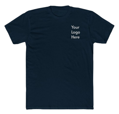 Navy blue T-shirt with white text that reads 'Your Logo Here' on the front upper left side.