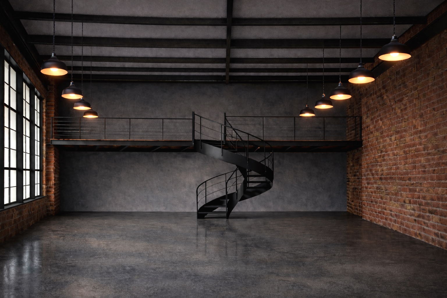 Empty industrial-style loft with large windows, exposed brick walls, dark flooring, and a spiral staircase leading to a mezzanine with metal railings, lit by hanging pendant lights.