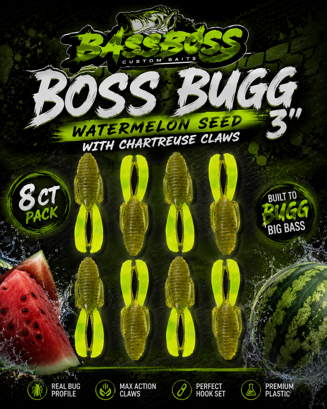 Boss Bugg 3" ~ Watermelon Seed w/ Chartreuse Claws~ 8ct.