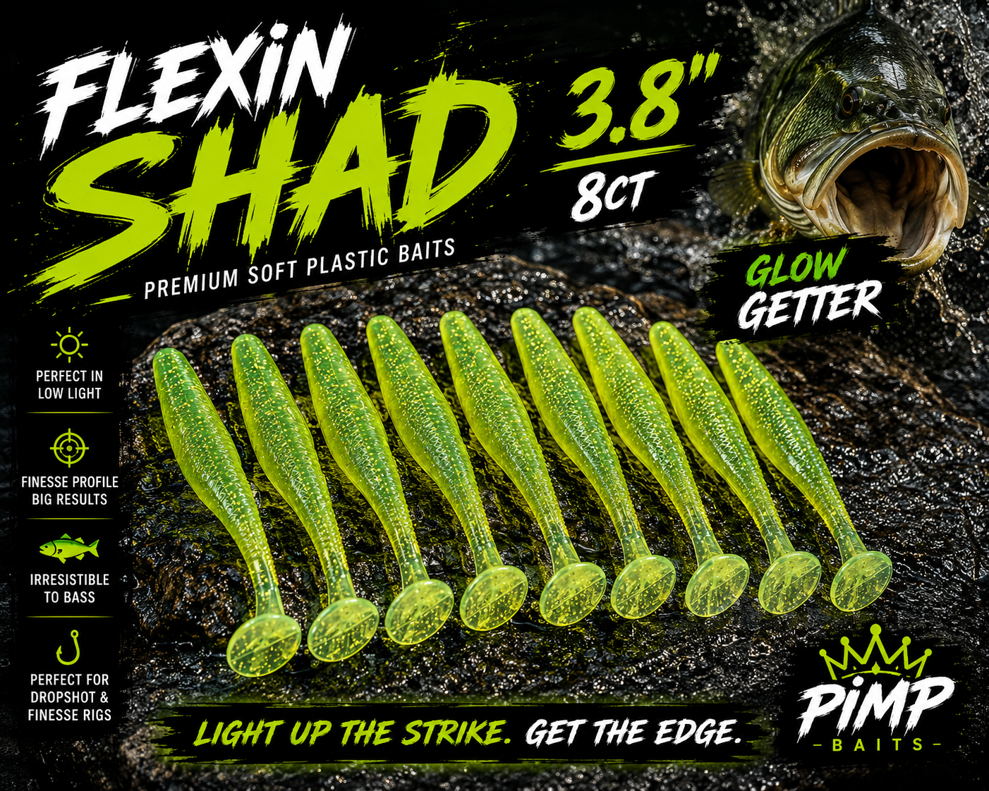 Flexin Shad 3.8 ~Glow Getter~ 8ct.