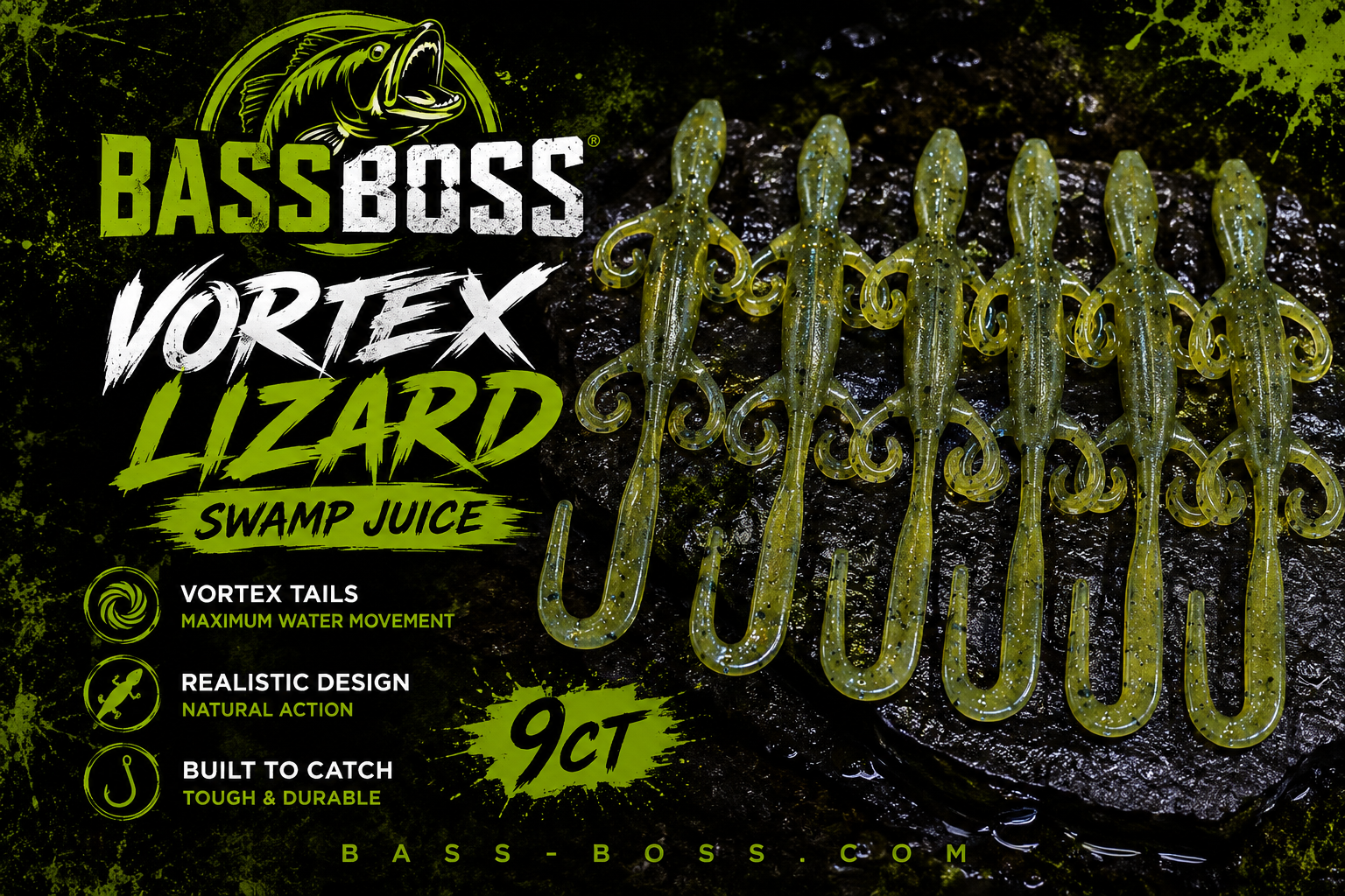 BassBoss Vortex Lizard "Swamp Juice" ~ 9ct.