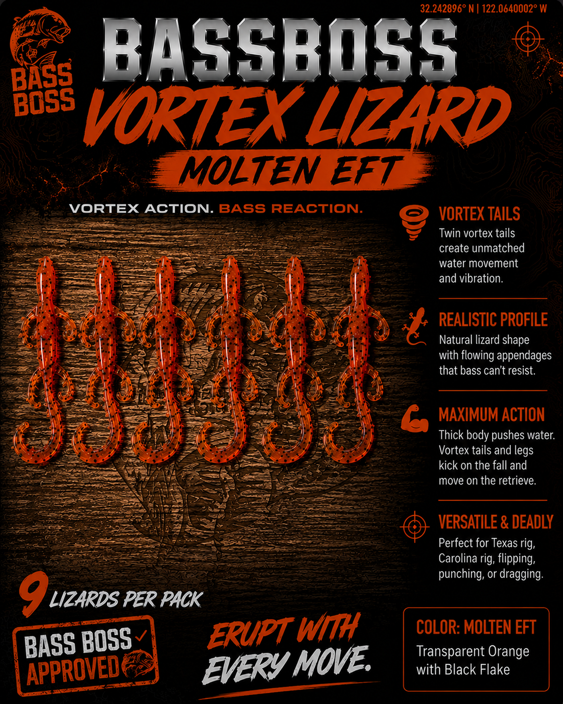 BassBoss Vortex Lizard "Molten Eft" ~ 9ct.