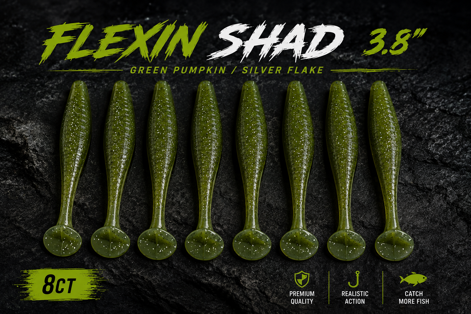Flexin Shad 3.8" ~Green Pumpkin/Silver Flake~ 8ct.