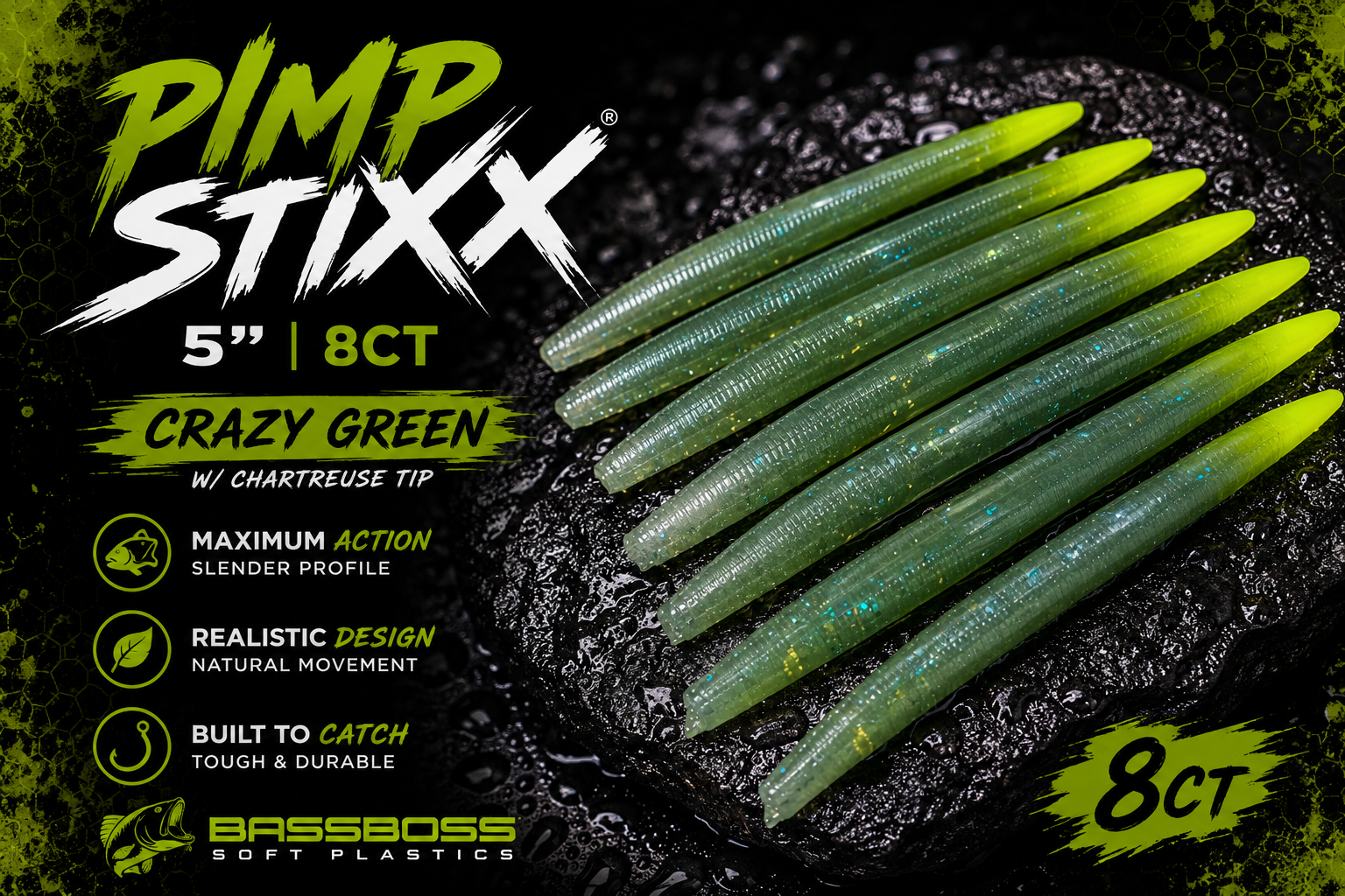 Pimp Stixx 5" ~ "Crazy Green with chartreuse tip" ~ 8ct.