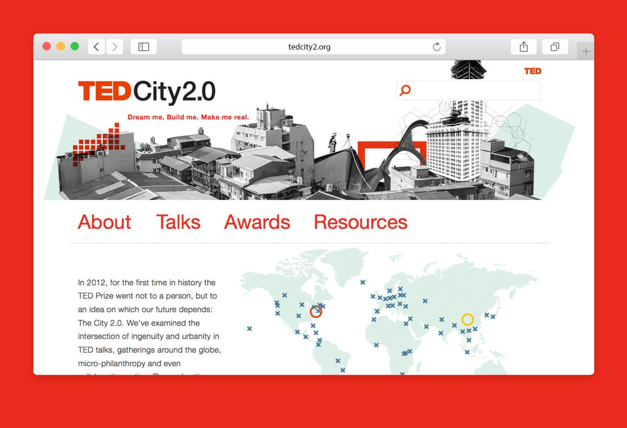 Screenshot of TED City 2.0 website homepage with a black and white collage of city buildings and a world map with marked points.