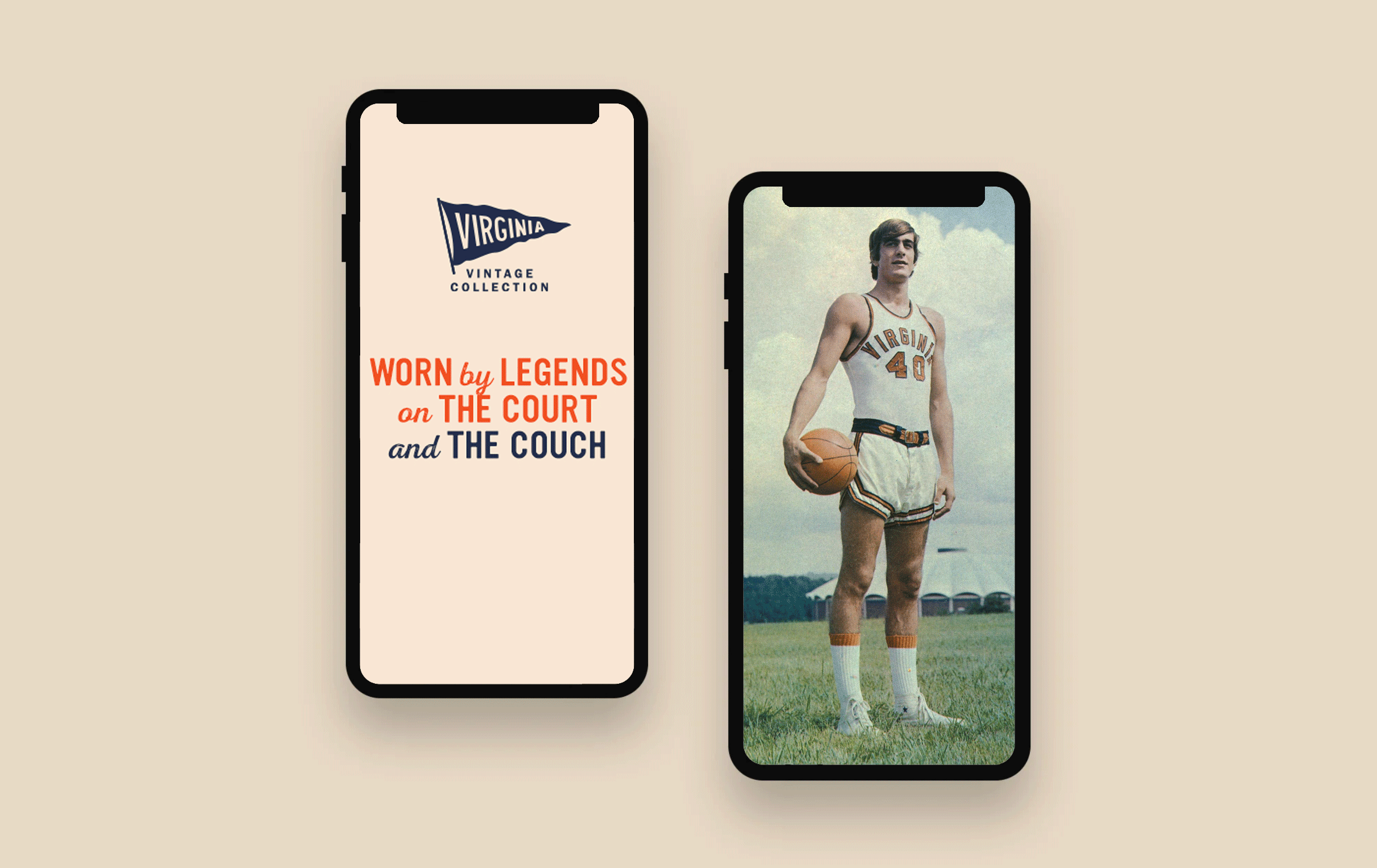 Two smartphones are shown, one displaying the Virginia Vintage Collection logo with the text, "Worn by legends on the court and the couch," and the other featuring a vintage photograph of a young male basketball player in a Virginia uniform, holding 