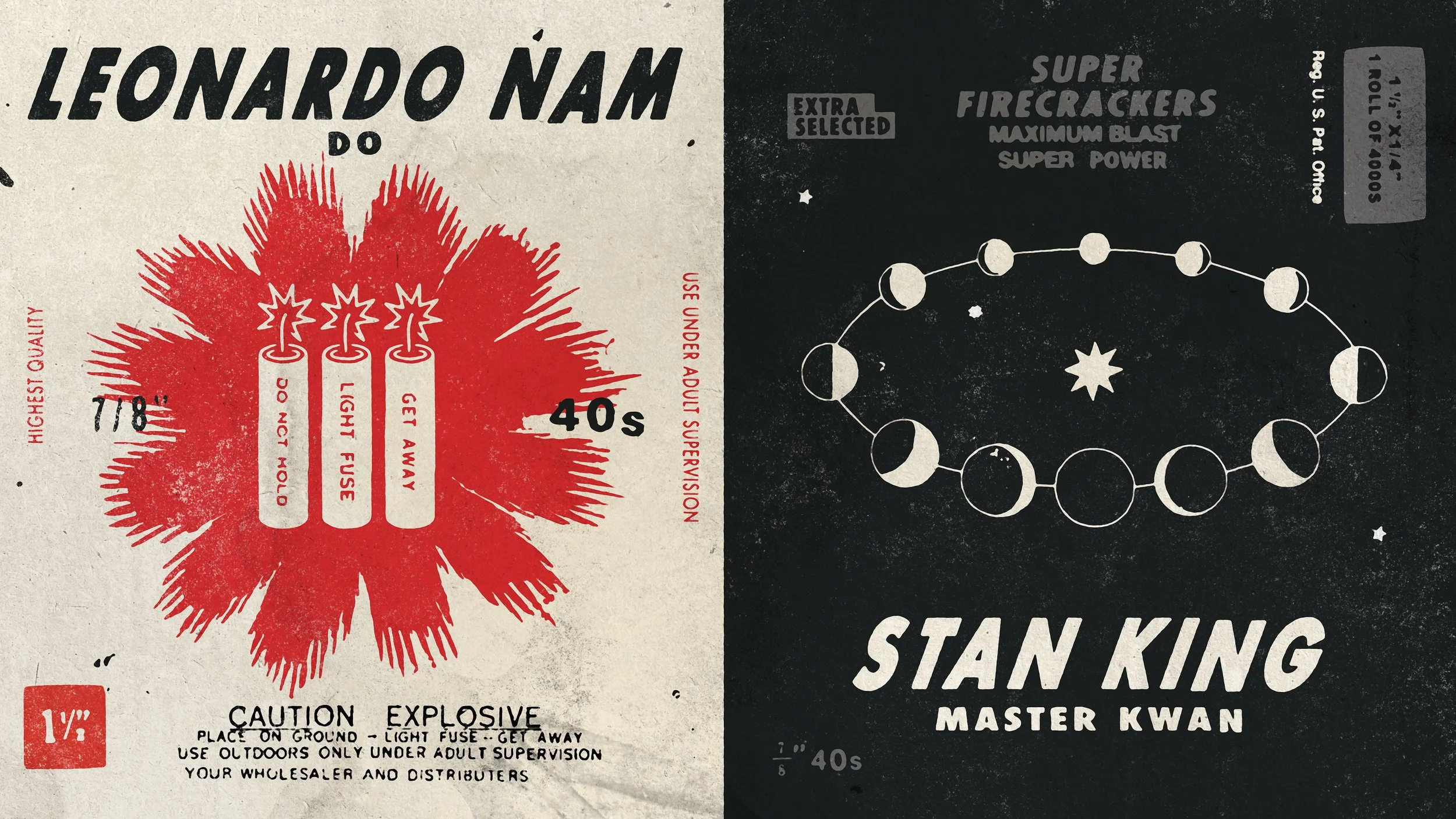 Vintage firework packaging and promotional material, featuring a red explosion graphic with text about fireworks and safety, and a black background with white text about a starlike firework called 'Stank King' by Master Kwan.