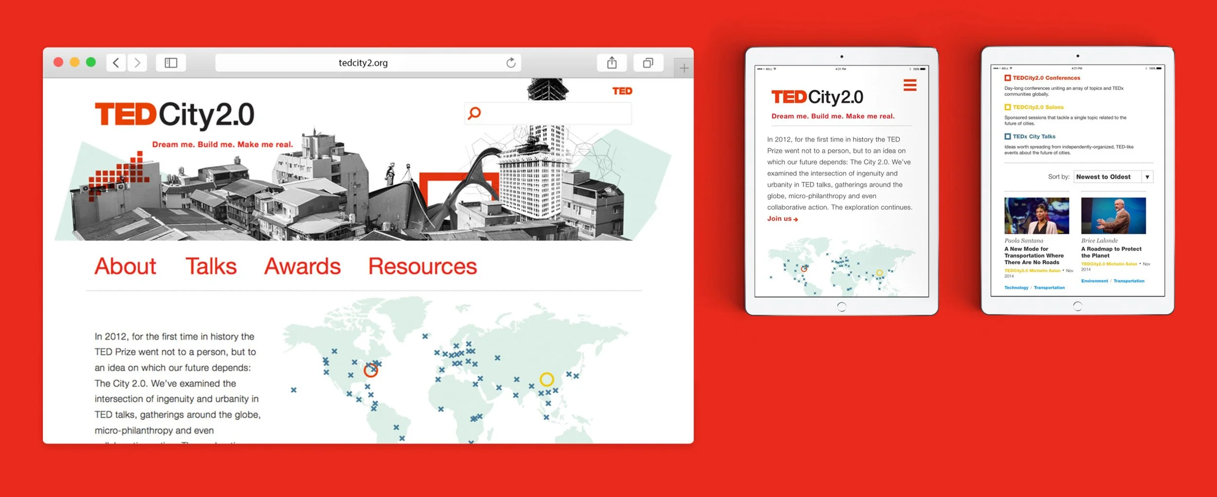 Screenshots of the TED City 2.0 website and mobile app displayed on a red background.
