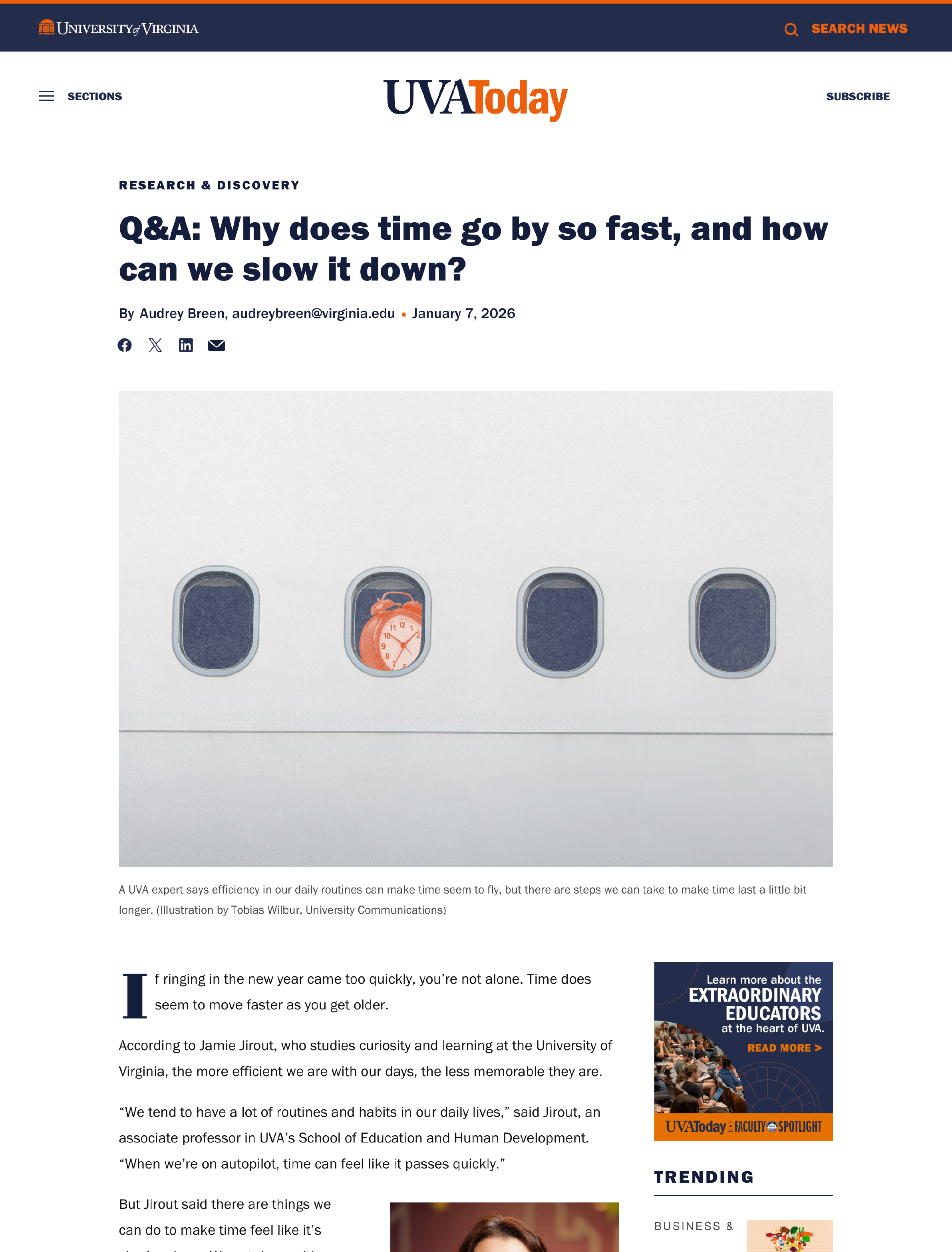 Screenshot of an article titled "Q&A: Why does time go by so fast, and how can we slow it down?" from UVA Today website, featuring an illustration of airplane windows with an alarm clock visible through one of the windows, and a small portrait photo 