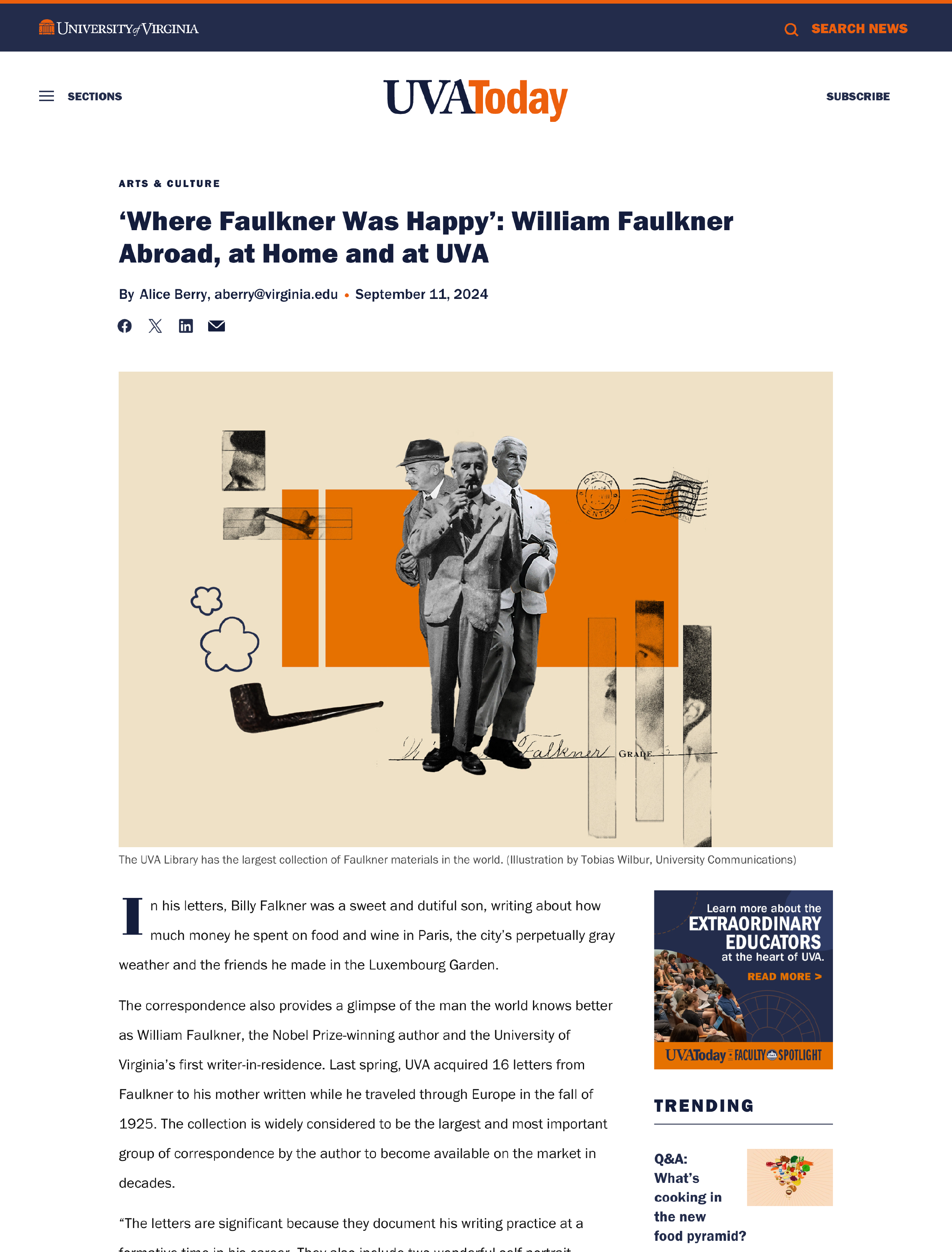 Screenshot of UVA Today website article titled 'Where Faulkner Was Happy': William Faulkner Abroad, at Home and at UVA, with a collage of vintage photos of William Faulkner and other people in black-and-white, overlaid with orange and black graphic e