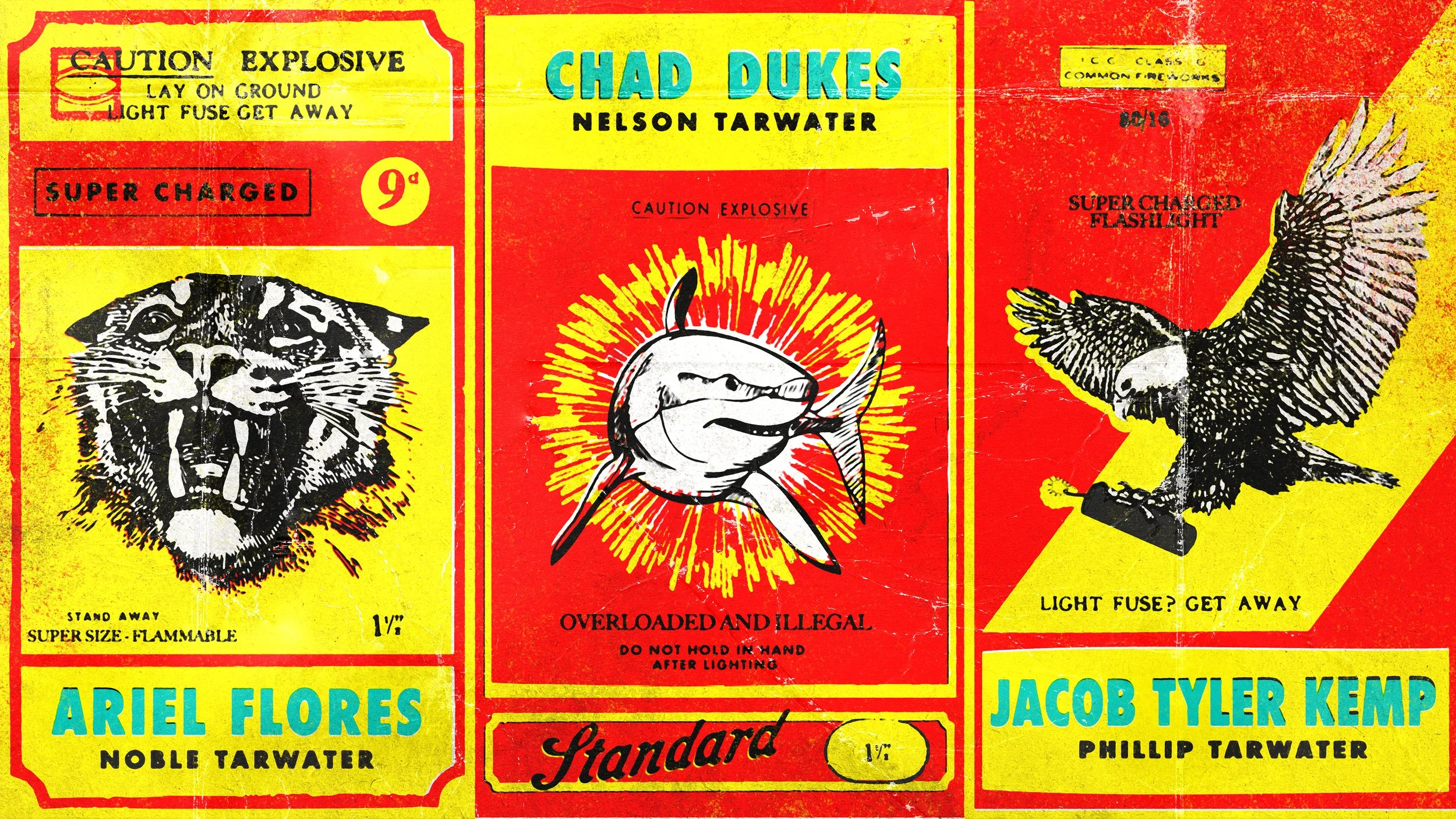 A collection of three vintage-style warning labels for fireworks with bold red, yellow, and black colors. The labels feature illustrations of animals including a tiger, a shark, and an eagle. The labels contain warnings like "Caution Explosive" and i