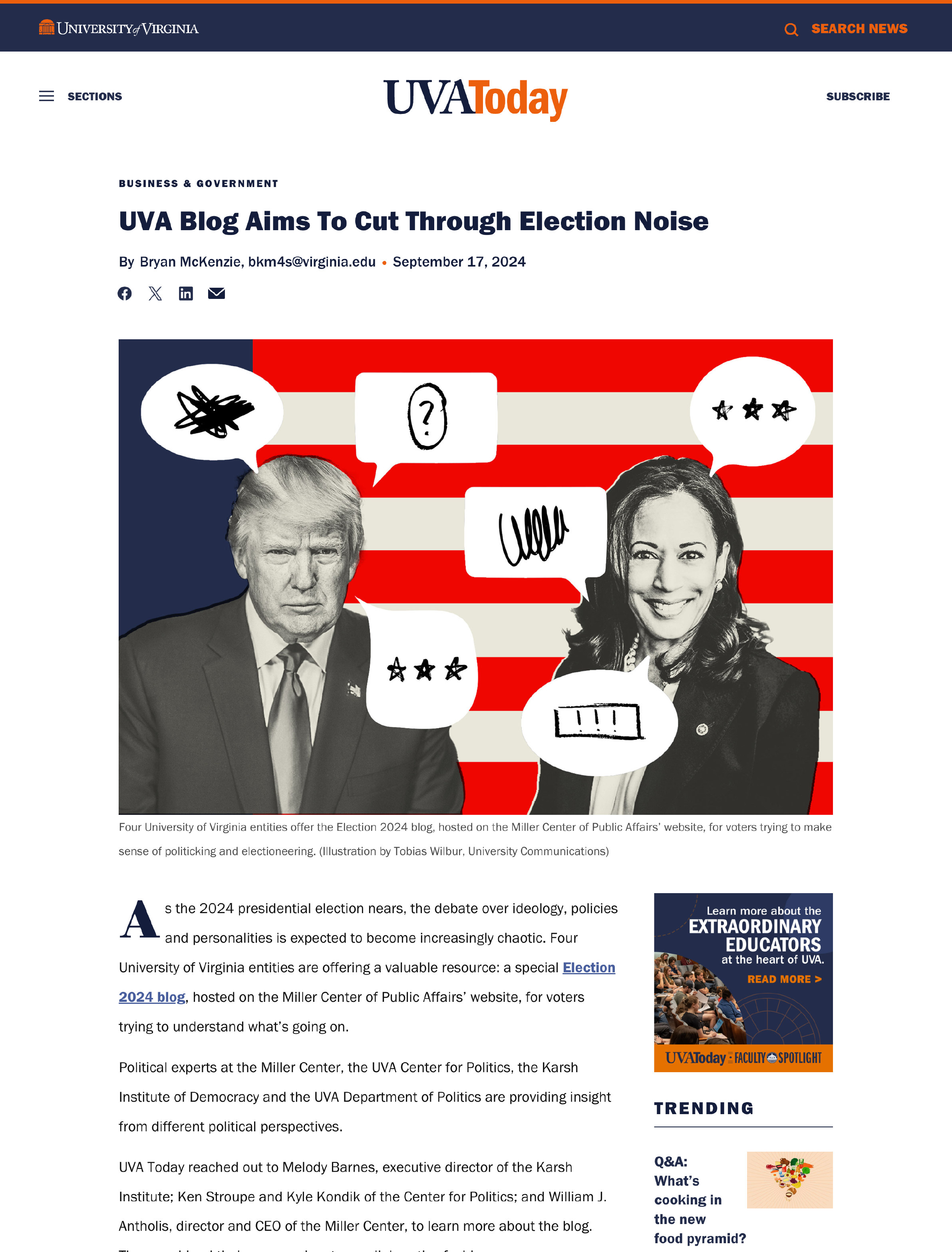 An illustration of Donald Trump and Kamala Harris with speech bubbles, set against a background of red and white stripes resembling the American flag. The illustration is in a black and white style with colorful speech bubbles.