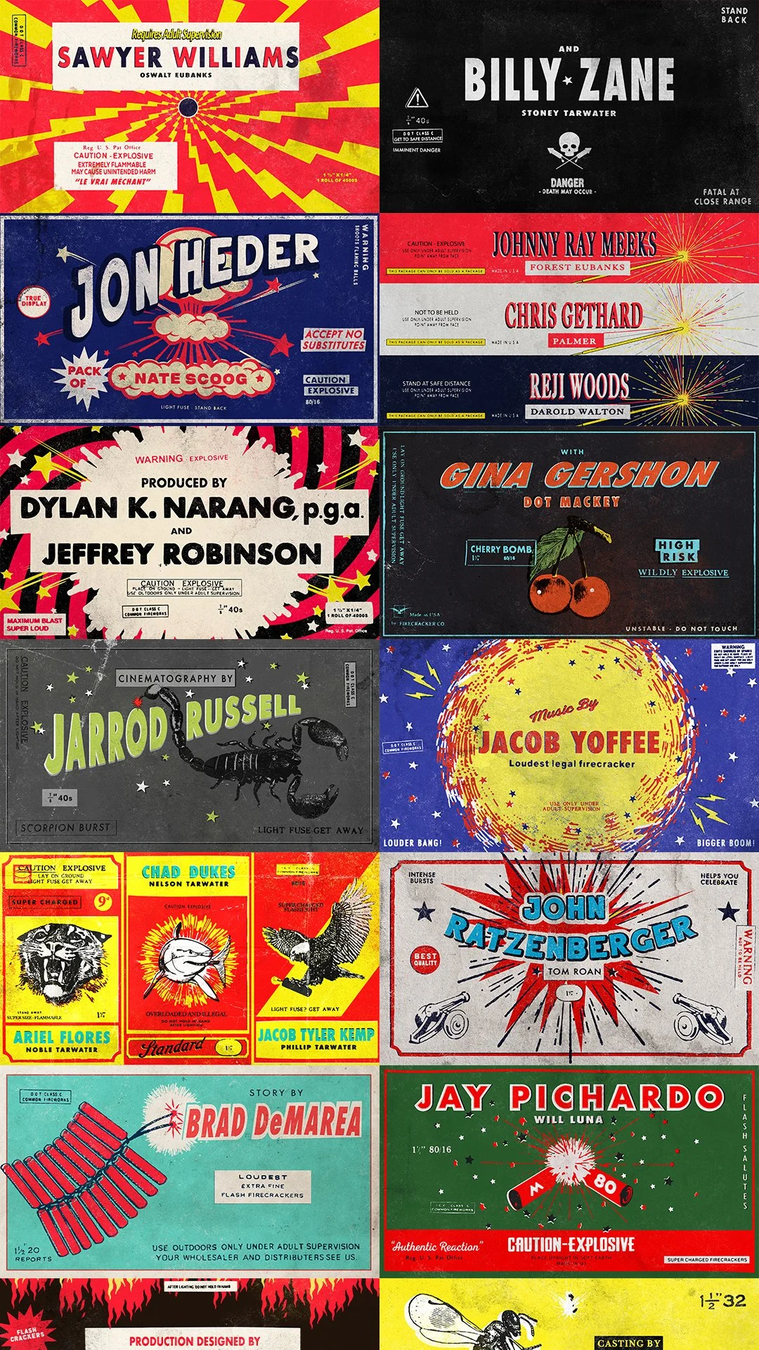 A collage of vintage-style firecracker and fireworks packaging labels, featuring various designs, colors, and text promoting fireworks for celebration.