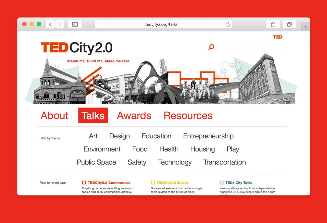 Screenshot of the TED City2.0 website with a header showing the title, a collage of urban images, and navigation menu with options for About, Talks, Awards, and Resources; the Talks section is selected, showing various themes like Art, Design, Educat