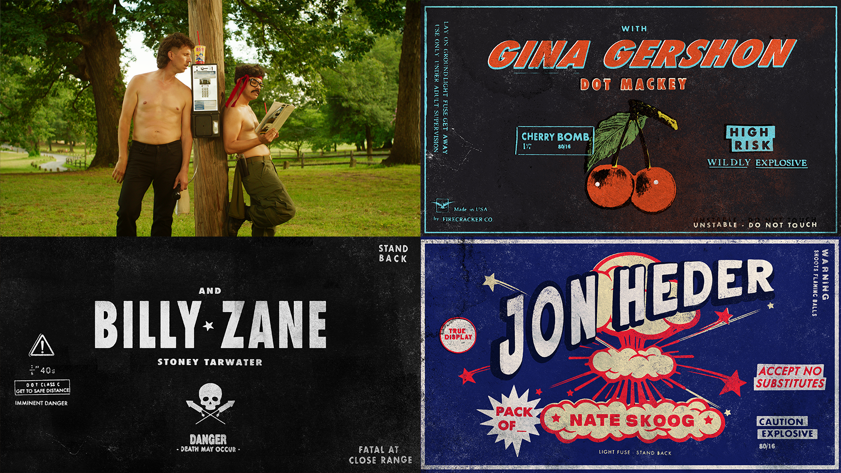 Top left: Two shirtless men with retro style, one with curly hair and the other wearing glasses and a red bandana, standing outdoors next to a telephone booth. Top right: Close-up of a vintage-style cherry bomb firework label with warning info. Bottom left: Black warning label for Billy Zane's movie, including danger and death warning symbols. Bottom right: Vintage-style illustrated poster for a fireworks show by Jon Heder and Nate Skoog, with bright explosions and caution notes.