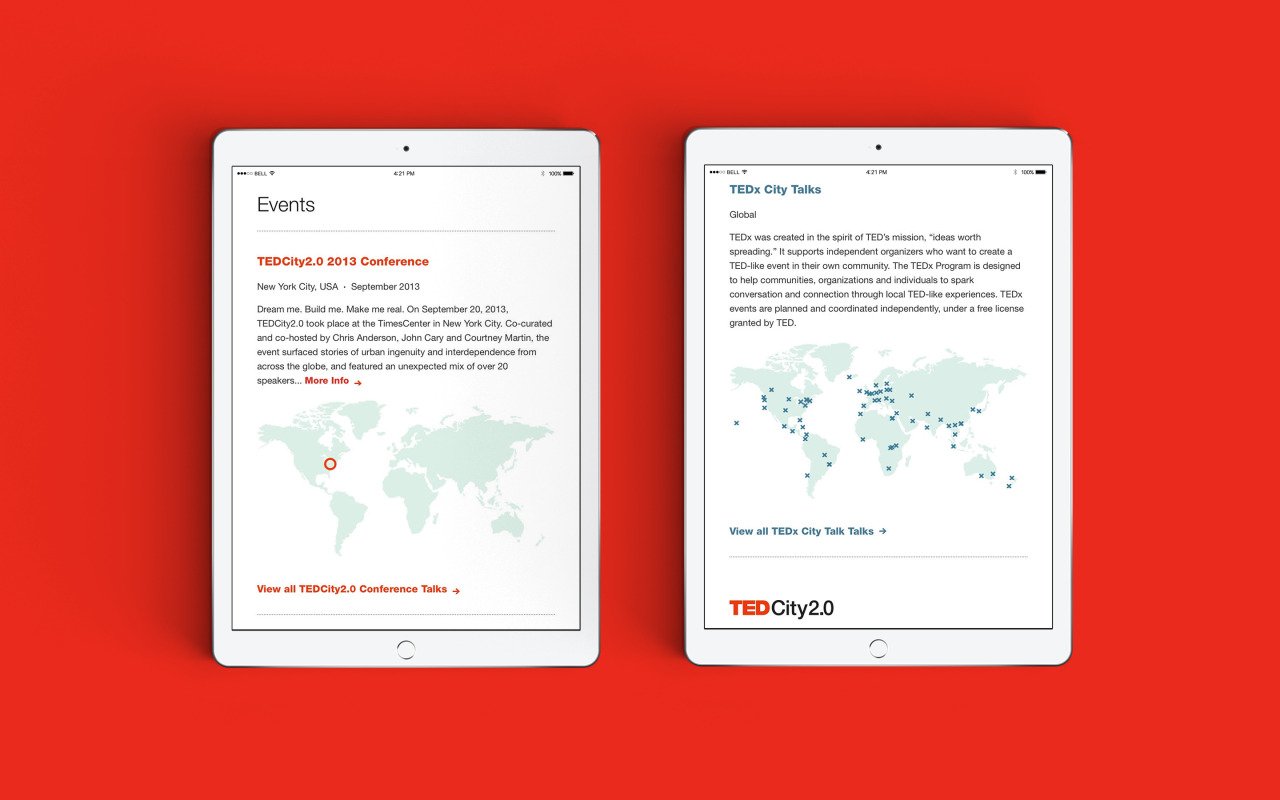 Two white tablets displaying event and TEDx City Talks information, placed side by side on a red background.