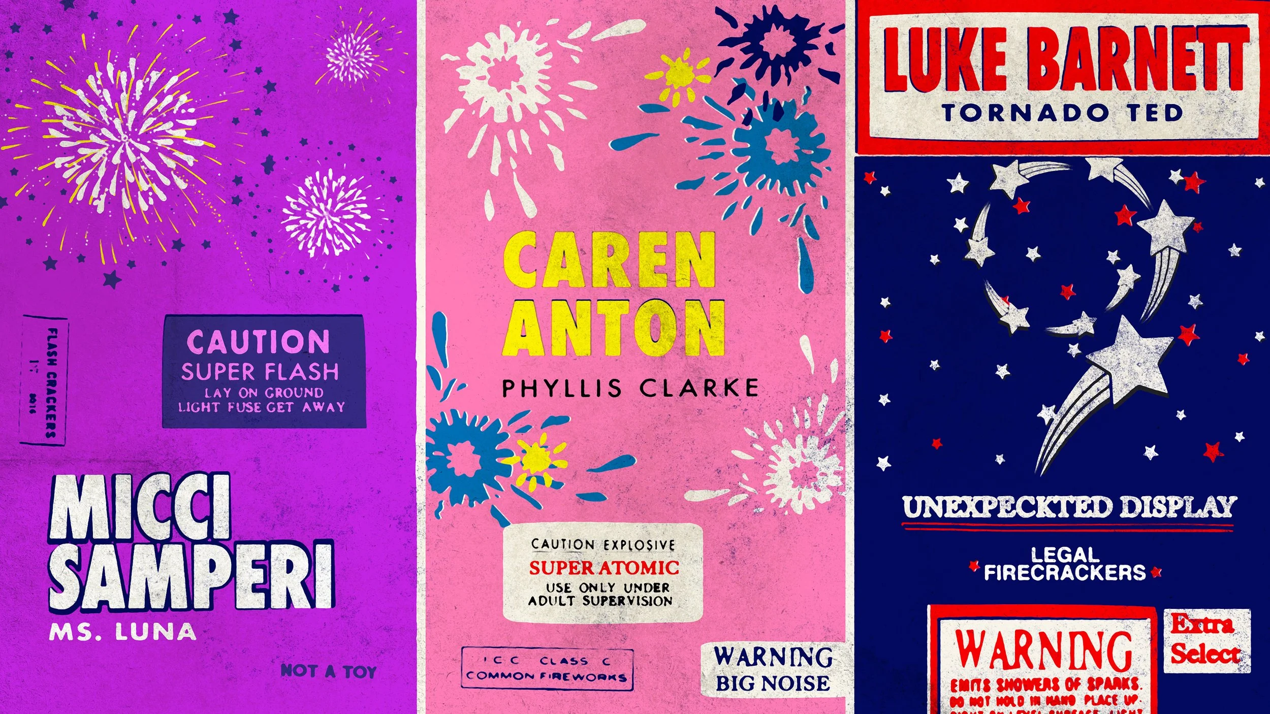 Colorful fireworks display with a pink and purple background, and various signs and labels related to fireworks safety and information, including a book cover titled 'Caren Anton' by Phyllis Clarke.