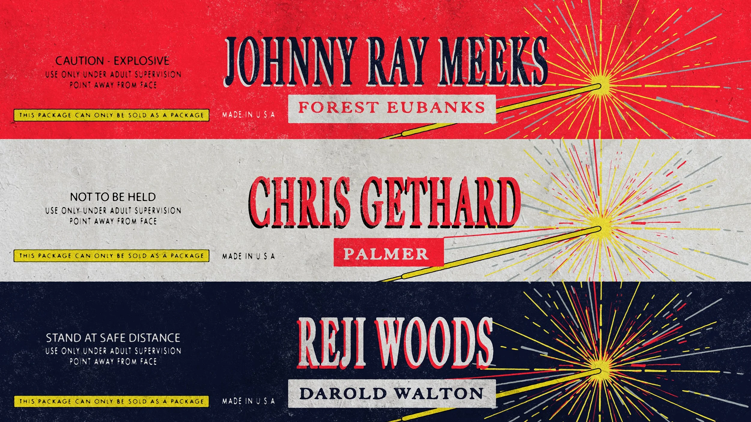 Close-up of a vintage-style poster for a Johnny Ray Merks show, featuring music by Chris Gethard, Palmer, and Darold Walton, with bright fireworks graphics and caution notices.