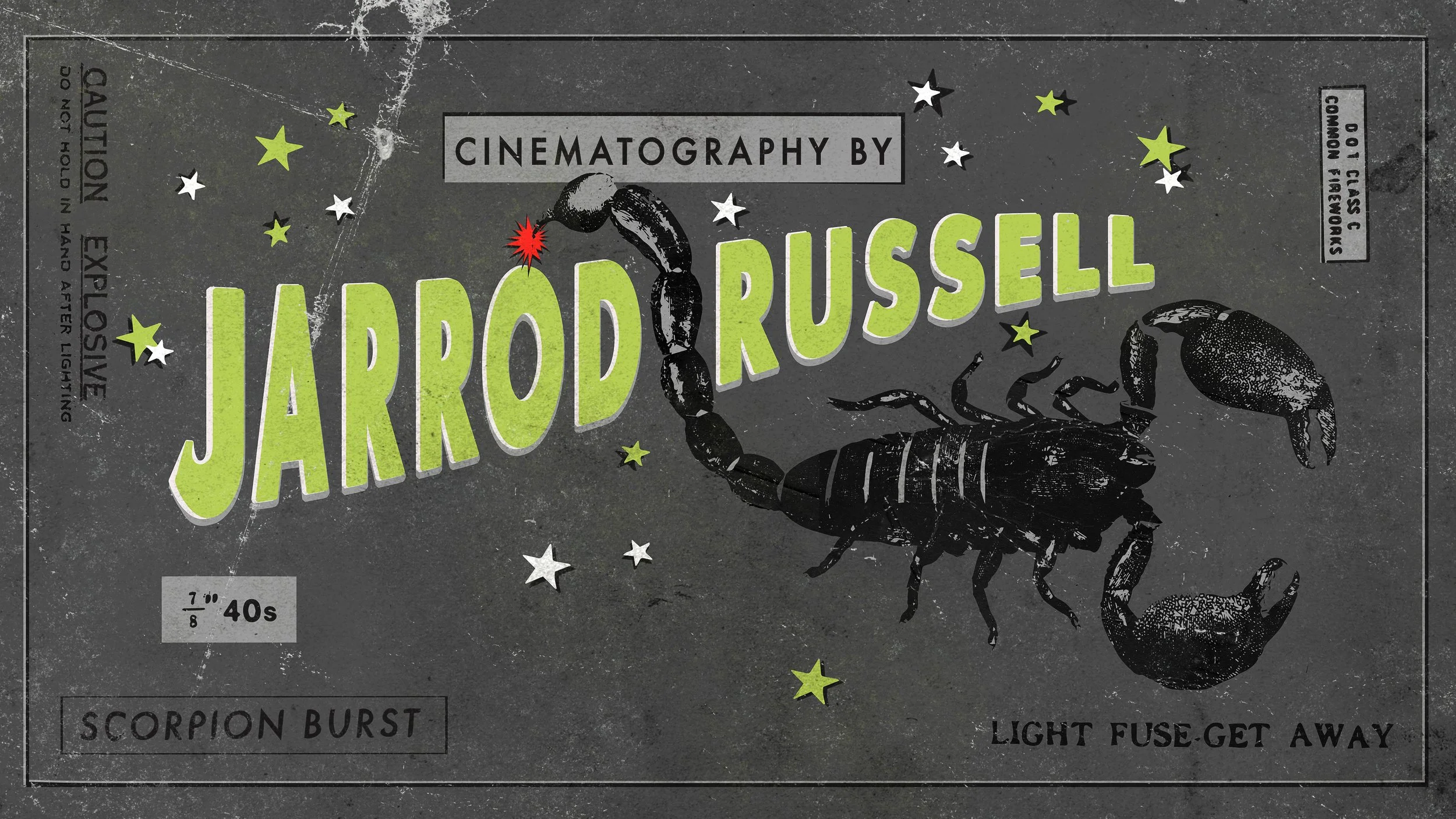 A vintage-style poster with black and gray background features a black scorpion illustration and a black lobster illustration. The poster includes text about cinematography by Jardo Russell and references a scorpion burst. It has decorative stars and
