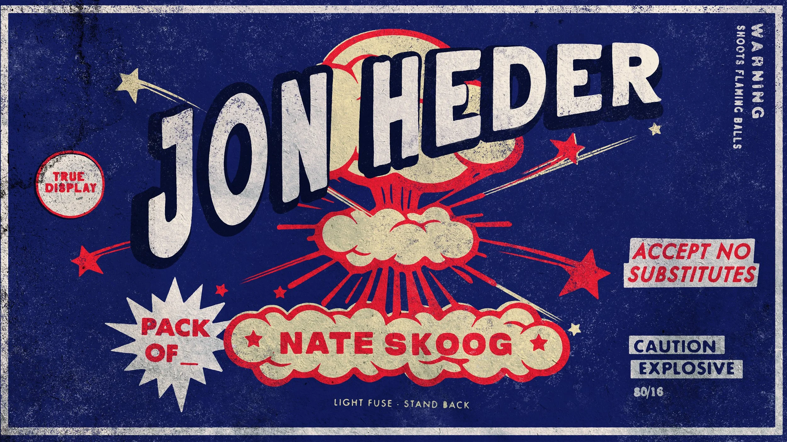 Retro styled fireworks display with the word 'Fireworks' prominently in the center, surrounded by stars, clouds, and explosion graphics, with warnings about explosive material and instructions for safety.