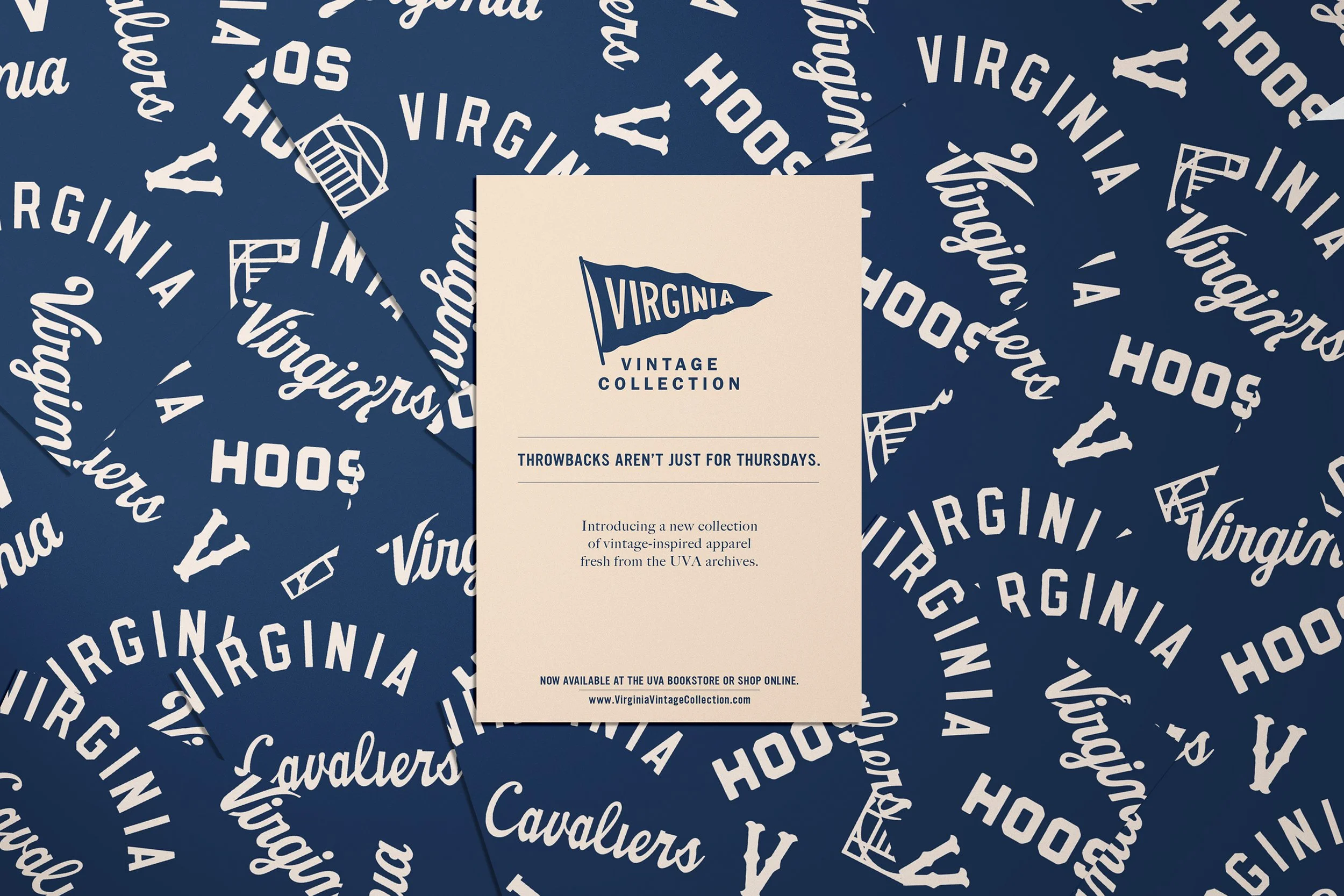 A promotional flyer for Virginia Vintage Collection with a navy blue background covered in white text spelling 'Virginia' and 'Cavalier'. In the center, there is a beige square with a navy blue pennant logo that reads 'Virginia', and beneath it says 
