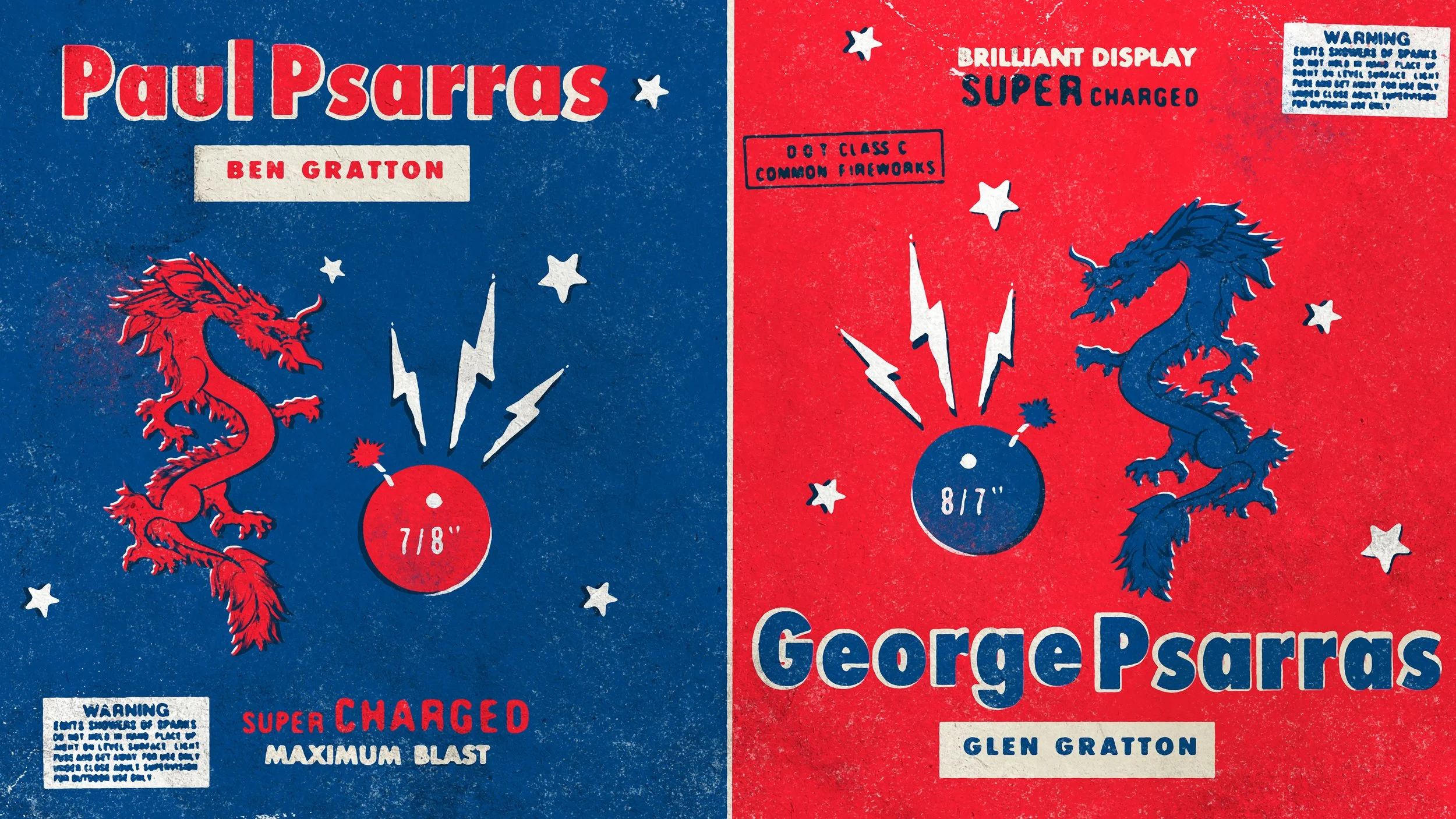 A colorful fireworks packaging featuring two dragons, one on the blue side and one on the red side, with text indicating different sizes and types of fireworks, including warnings and brand names.