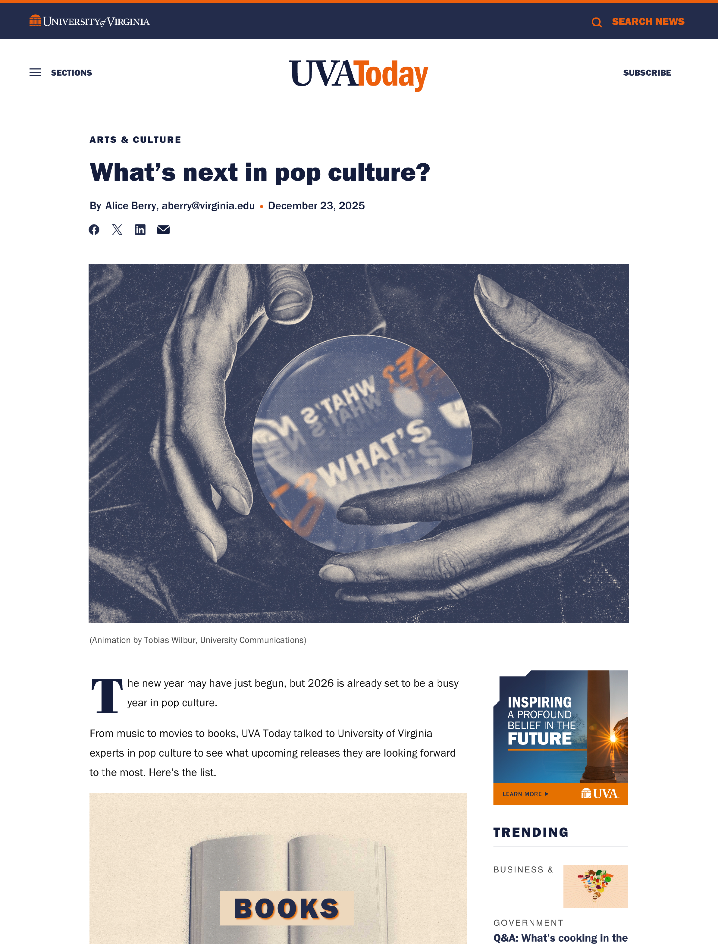 Screenshot of UVA Today webpage featuring an article titled "What’s next in pop culture?" with a black and white photo of hands holding a crystal ball.