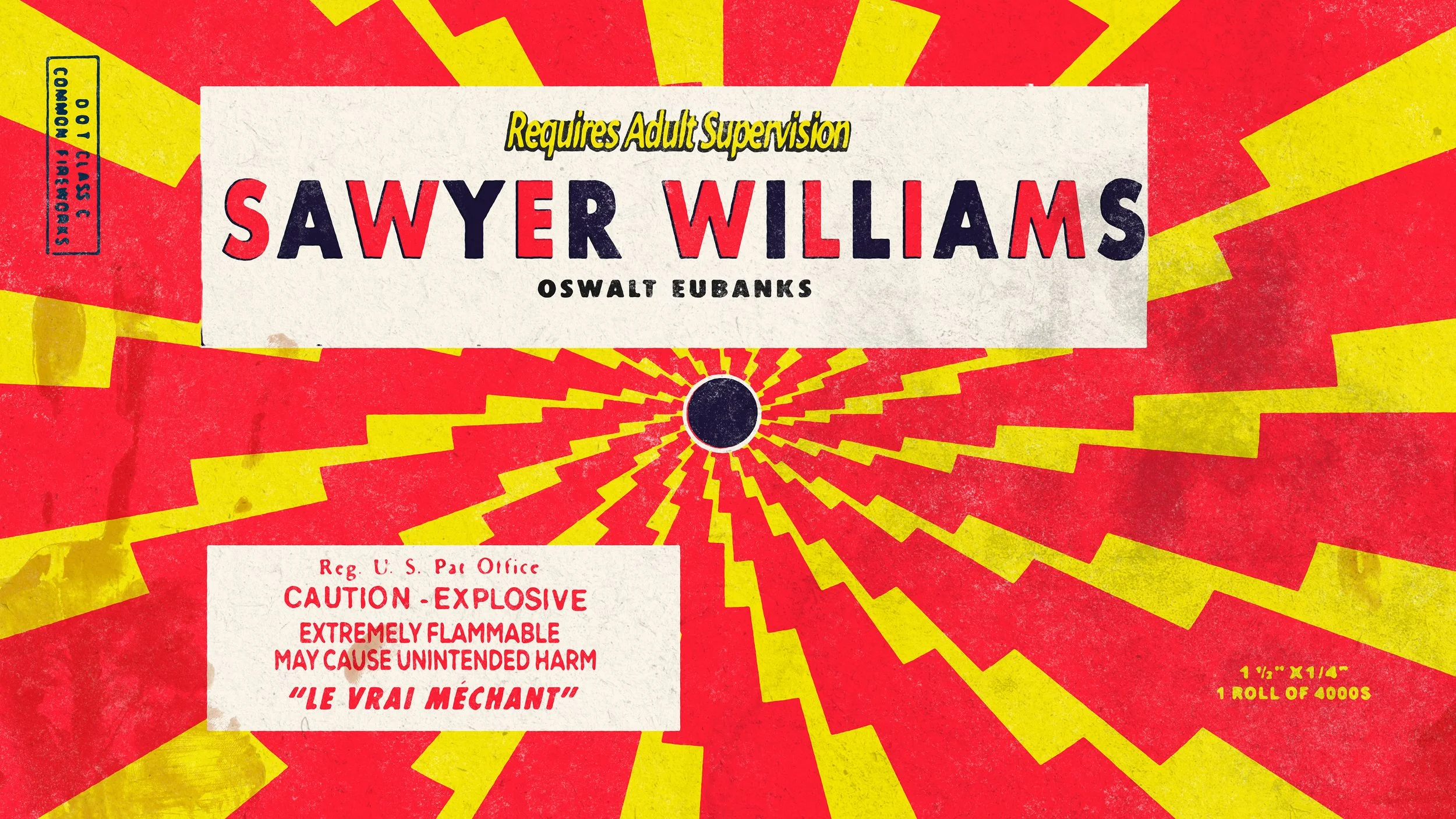 A colorful fireworks box with red and yellow lightning bolt pattern background and warning labels. The brand name 'Sayer Williams' and the phrase 'Requires Adult Supervision' are visible on the box.
