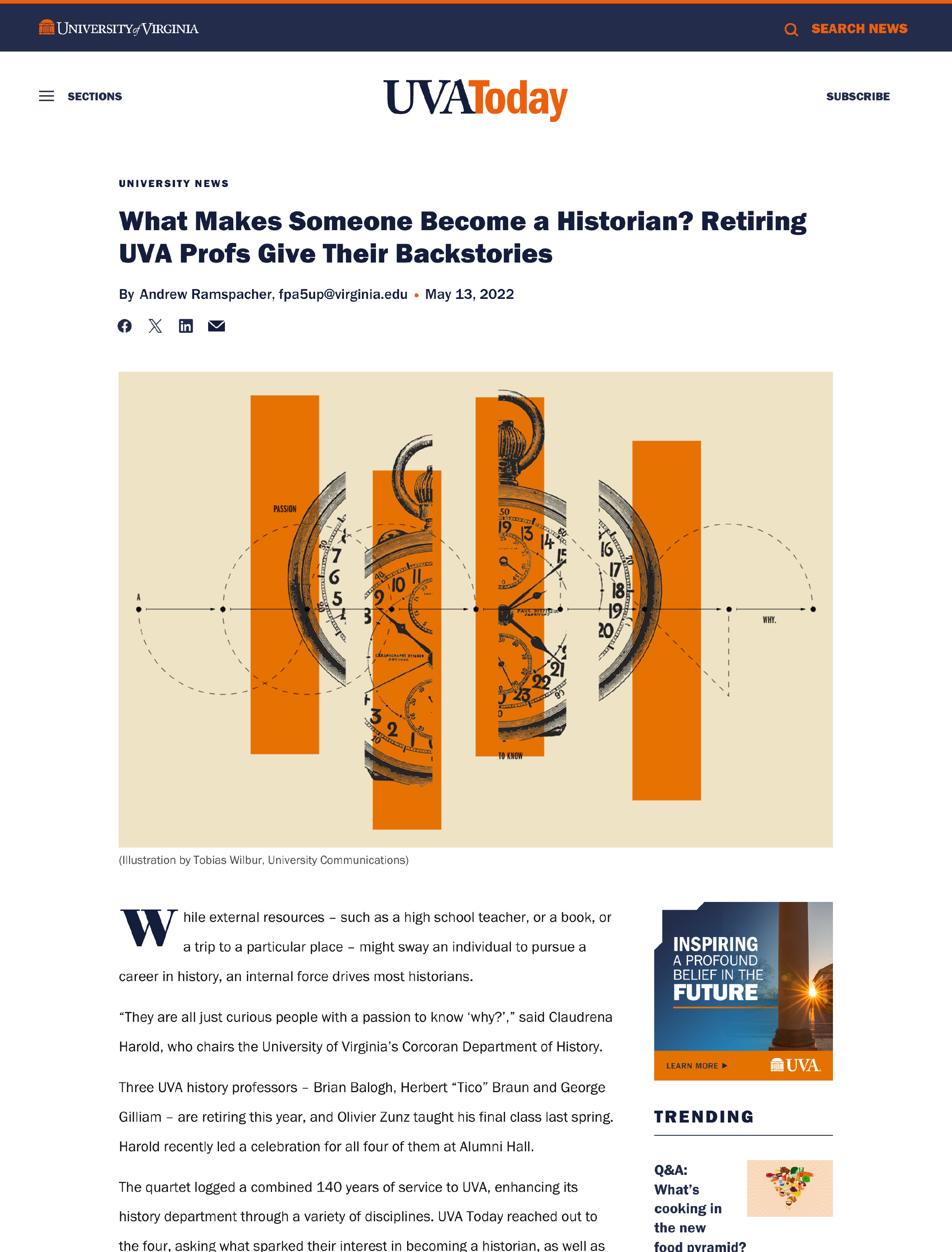 The image shows a webpage from UVA Today with an abstract illustration of several antique clocks with orange and beige backgrounds.