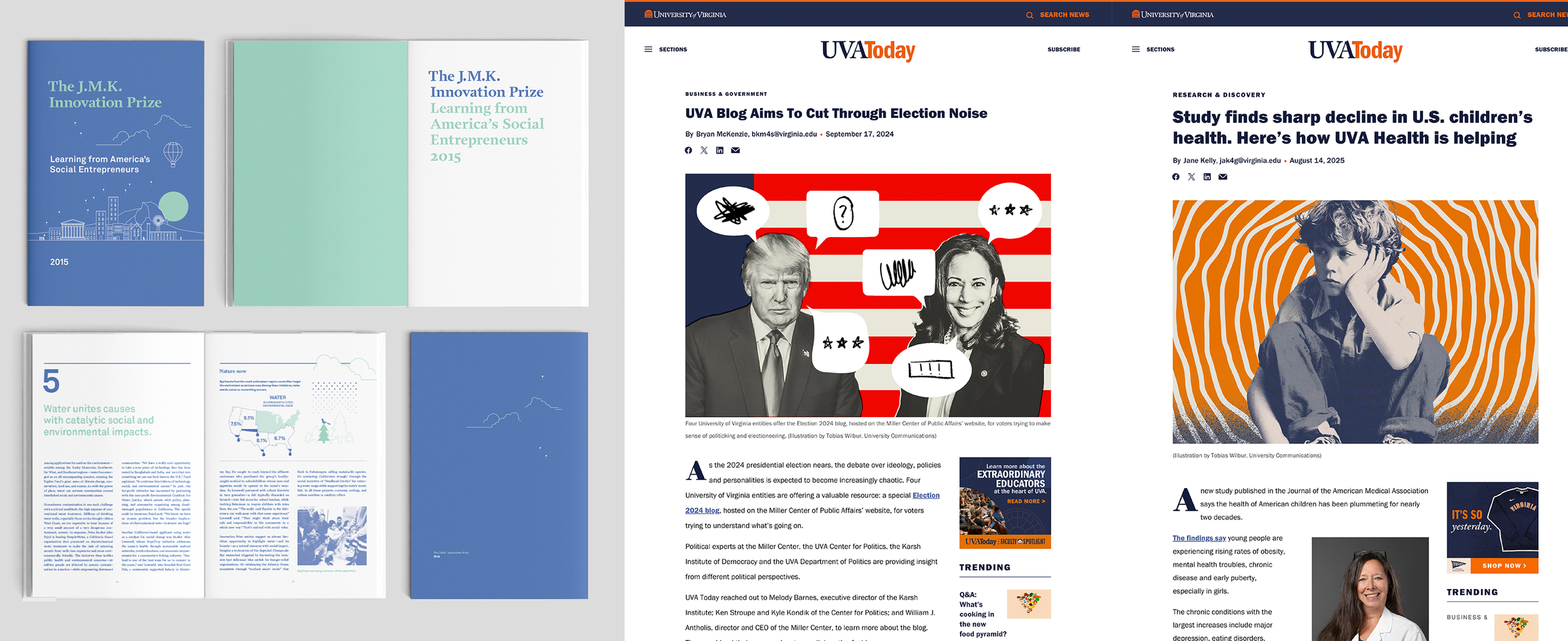 A collection of books and digital articles on social entrepreneurship, election analysis, and children's health, with book covers on the left and online news pages from UVA Today on the right.