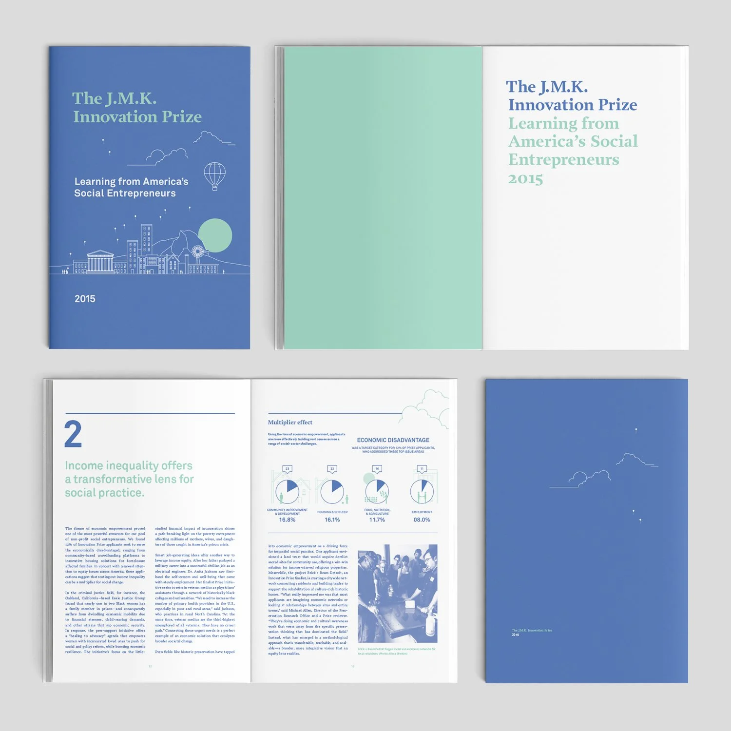 Open booklets about the 2015 J.M.K. Innovation Prize with titles on social entrepreneurship, graphs, and images of people.