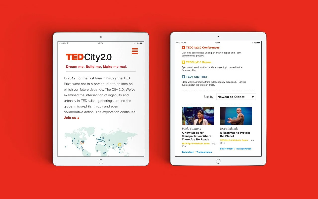 Two white tablets with screens displaying TED City 2.0 conference content, positioned on a red background.