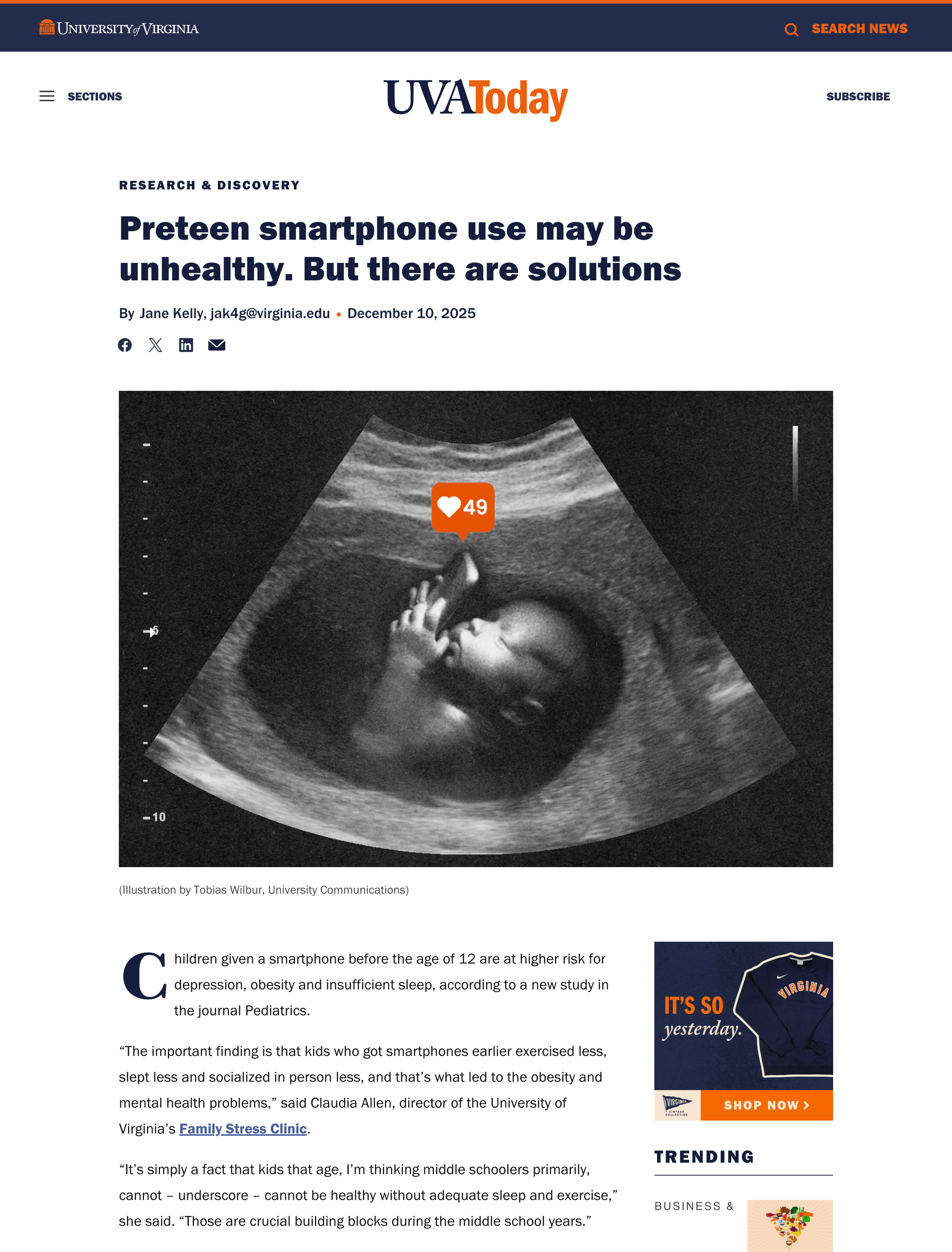 University of Virginia UVA Today webpage with a headline about the health risks of preteen smartphone use, featuring an ultrasound image of a fetus with a heart icon showing 49 likes or reactions.